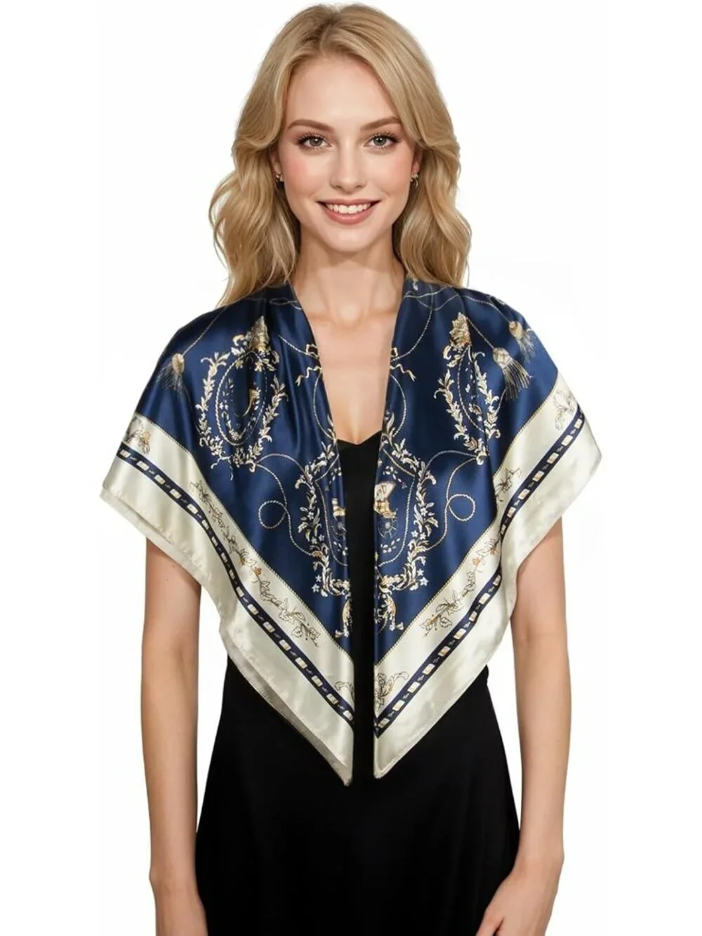 Women's Navy Beige Printed Square Scarf Bandanas Hair Scarf 35 Inches